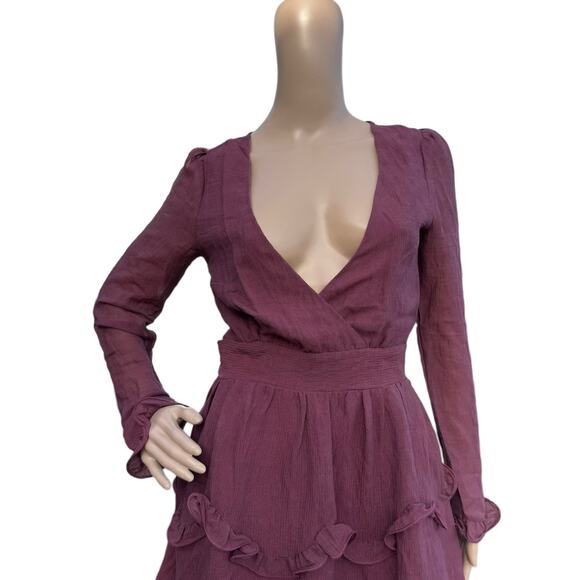 Saints+Secrets Women's Wine Ruffle V-Neck Long Sleeves Belted Mini Dress Size S - Picture 3 of 7